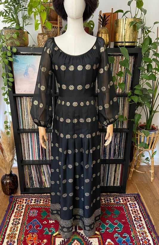 Vintage 1970s Black & Gold Pleated Maxi Dress
