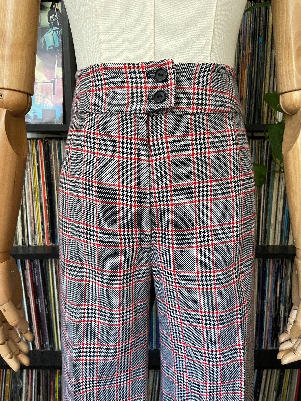 Vintage 1970s Black & Red Check Bellbottom Flares W30