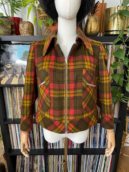 Vintage 1970s Brown & Red Plaid Cropped Jacket