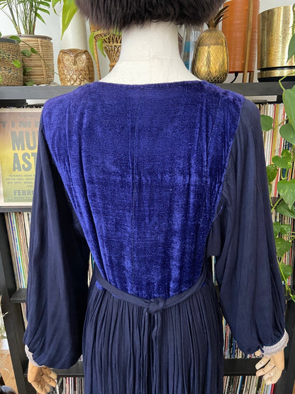 Vintage 1970s Navy Velvet & Gold Afghan Dress