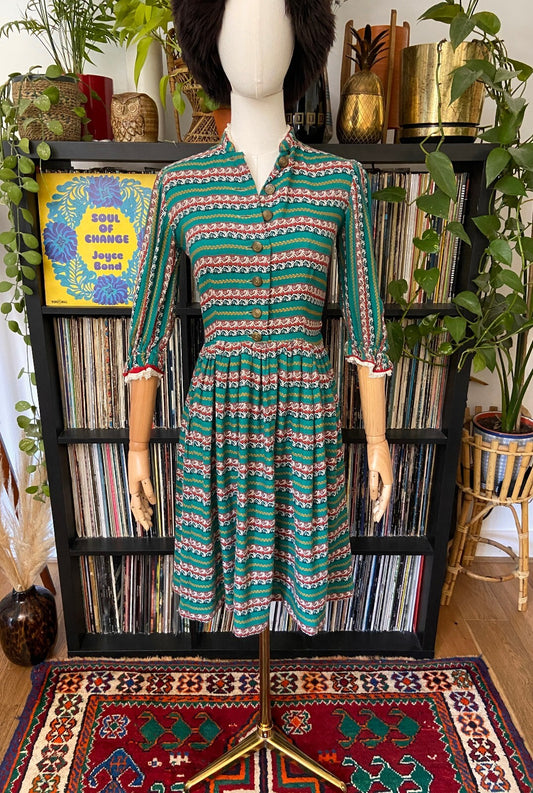 Vintage 1970s Green Folk Dress