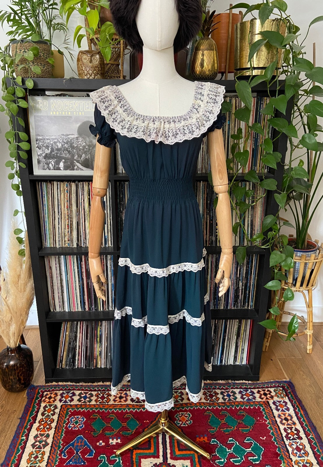 Vintage 1970s Dark Green Lace Trim Prairie Dress