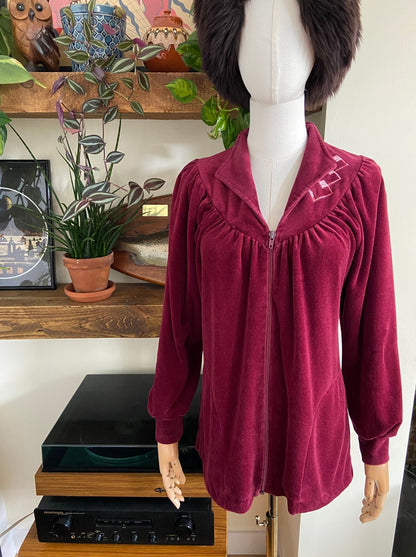 Vintage 1970s Burgundy Velour Zip Up Top