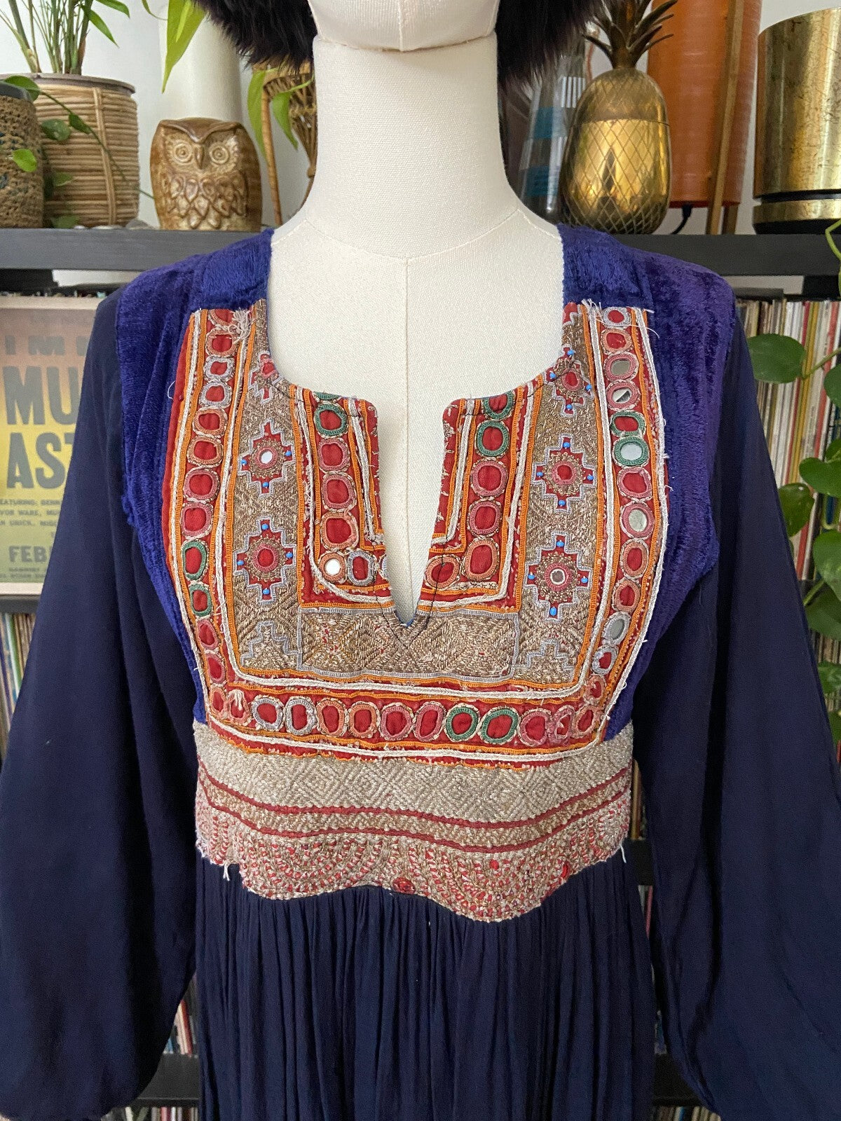 Vintage 1970s Navy Velvet & Gold Afghan Dress