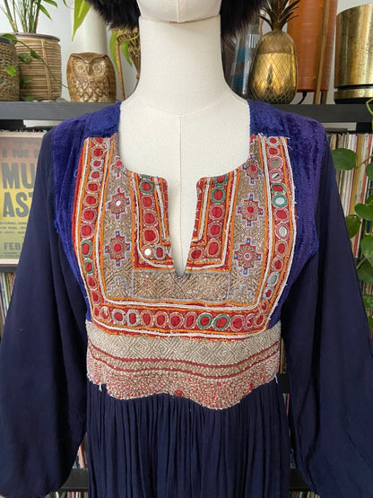 Vintage 1970s Navy Velvet & Gold Afghan Dress