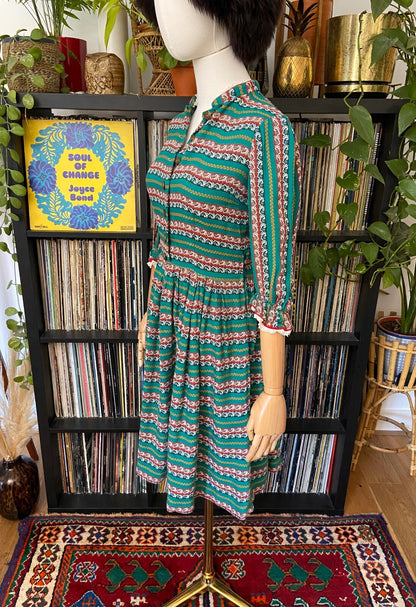 Vintage 1970s Green Folk Dress