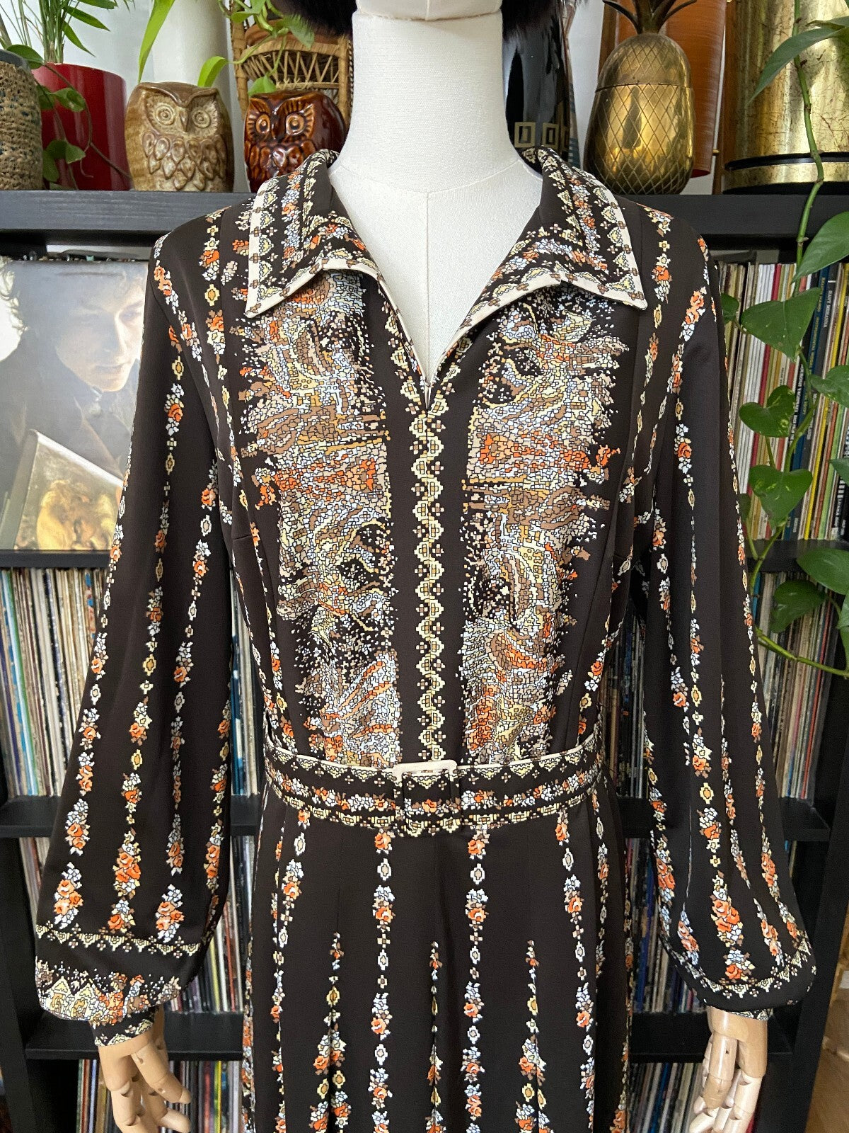 Vintage 1970s Brown Print Belted Dress
