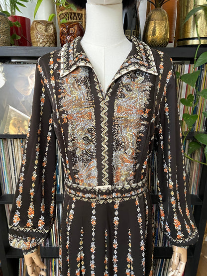 Vintage 1970s Brown Print Belted Dress