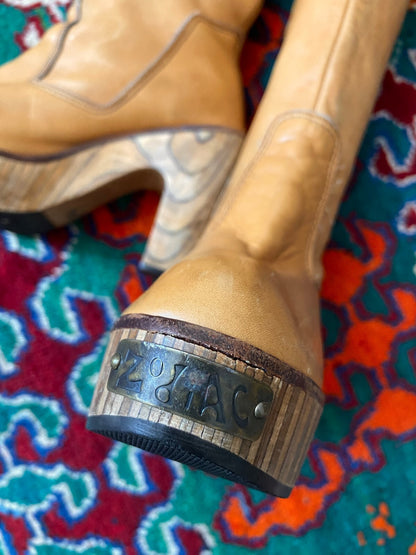 Vintage 1970s Rare Tan Zodiac Over The Knee Boots UK 3 - 3.5