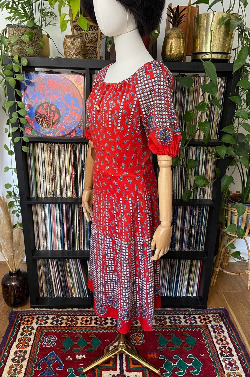 Vintage 1970s Red Patterned Folk Dress
