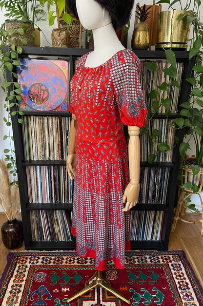 Vintage 1970s Red Patterned Folk Dress