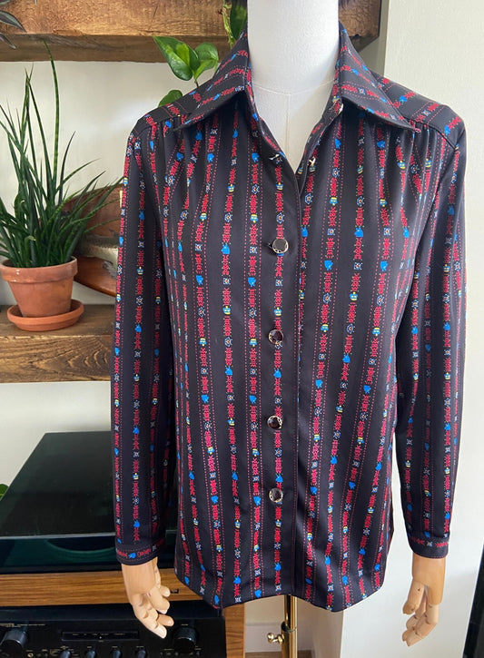 Vintage 1970s Black Print Jersey Shirt