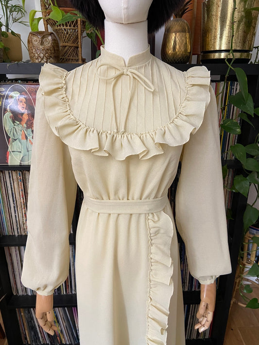 Vintage 1970s Beige Ruffle Long Prairie Dress