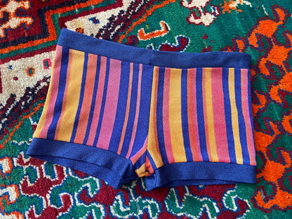 Vintage 1970s Blue Pink & Peach Stripe Swim Shorts
