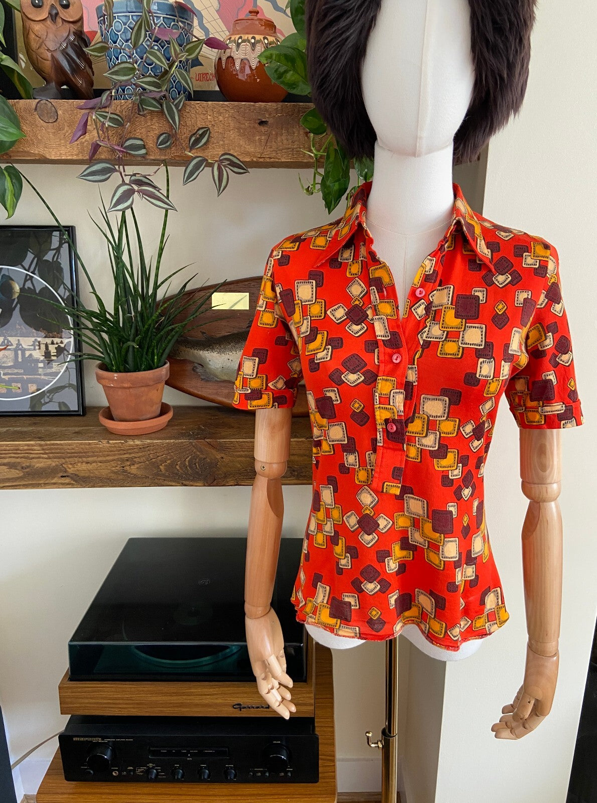 Vintage 1970s Red Geometric Dagger Collar Shirt
