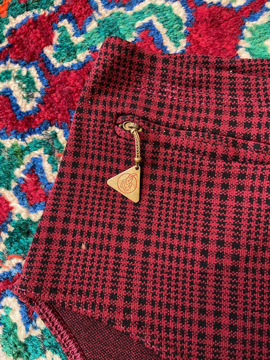 Vintage 1970s Burgundy & Black Houndstooth Swim Shorts