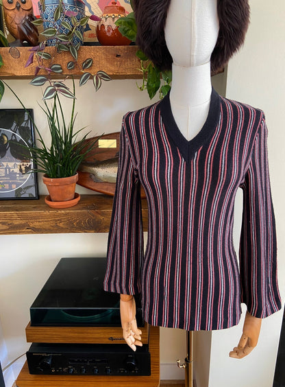 Vintage 1970s Black & Pink Striped V-Neck Jumper