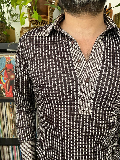 Vintage 1970s Brown Japanese Patterned Jersey Top