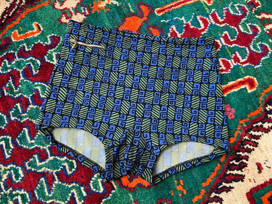 Vintage 1970s Blue & Green Pattern Swim Shorts