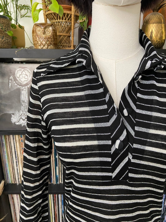 Vintage 1970s Black & Silver Knit Dagger Collar Shirt