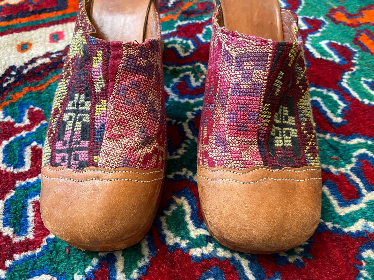 Vintage Rare 1970s Kilim Tapestry Heeled Mules UK 4.5 - 5