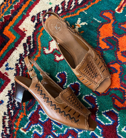 Vintage 1980s Brown Woven Slingback Sandals UK 5