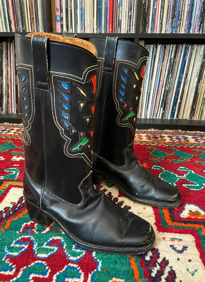 Vintage 1970s Black Colourful Inlay Cowboy Boots UK 7