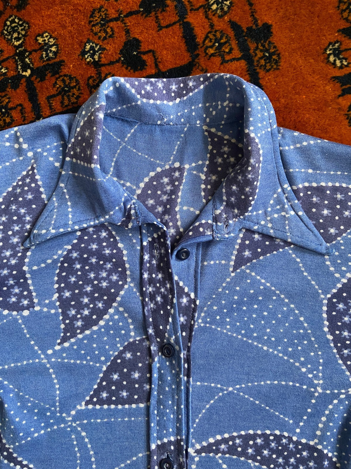 Vintage 1970s Blue Knit Dagger Collar Shirt
