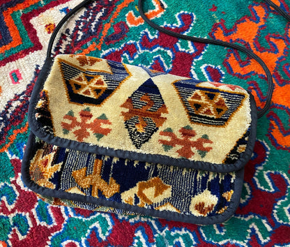 Vintage 1970s Beige Print Crossbody Carpet Bag