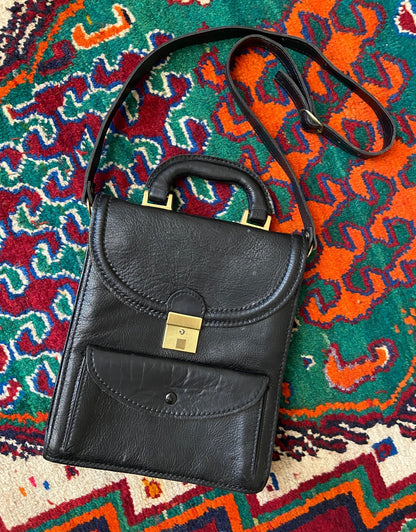 Vintage 1970s Black Leather Satchel Bag