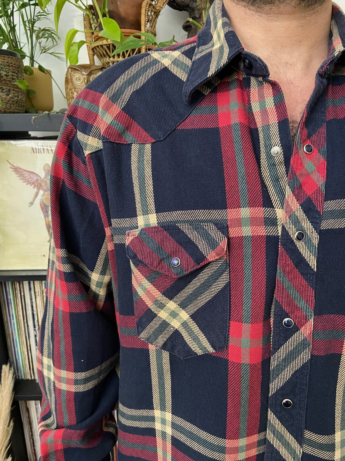 Vintage 90s Red & Navy Plaid Western Shirt