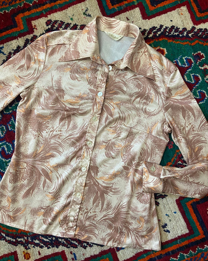 Vintage 1970s Beige Leaf Print Dagger Collar Shirt