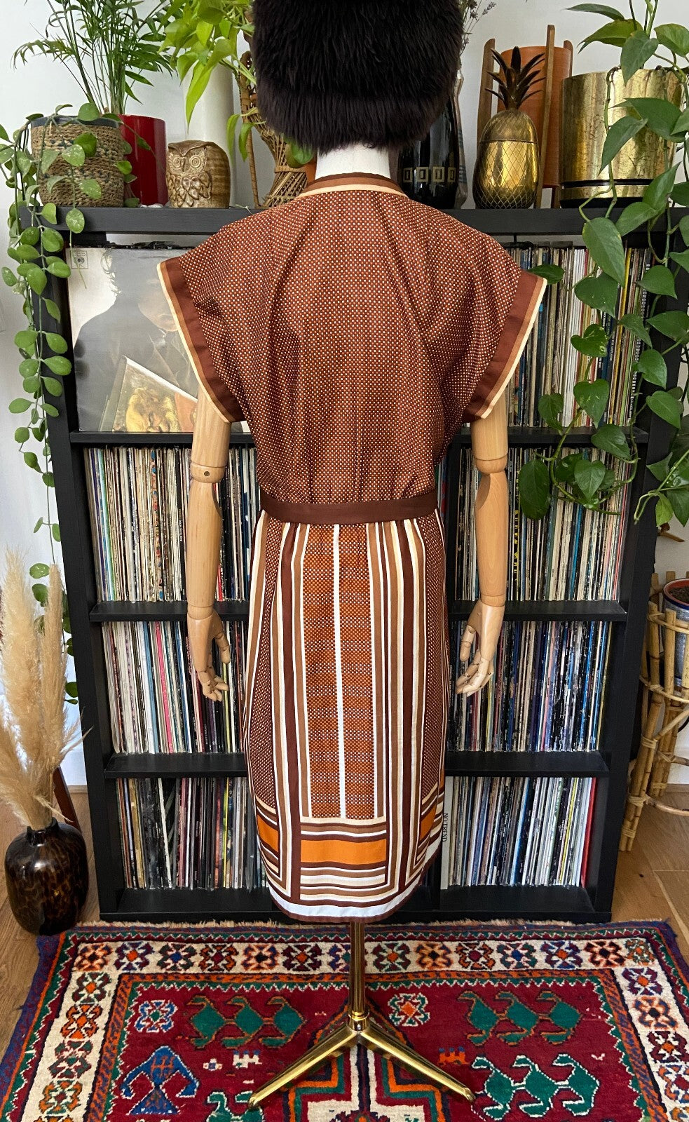Vintage 1980s Brown Geometric Print Shirt Dress