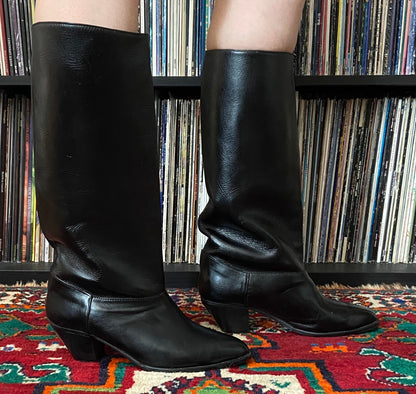 Vintage 1980s Black Knee High Boots UK 7.5