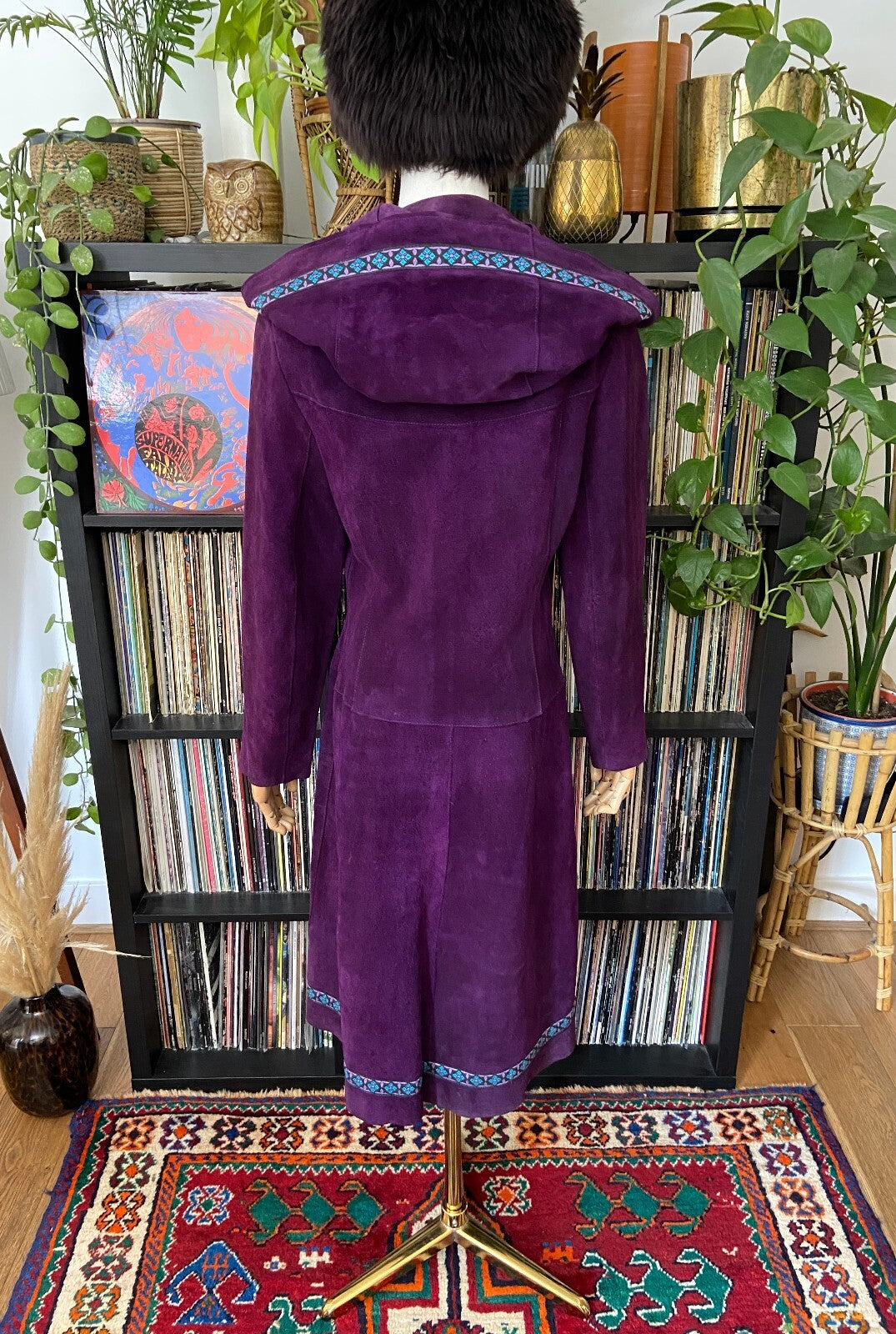 Vintage 1970s Purple Hooded Embroidered Trim Penny Lane Coat