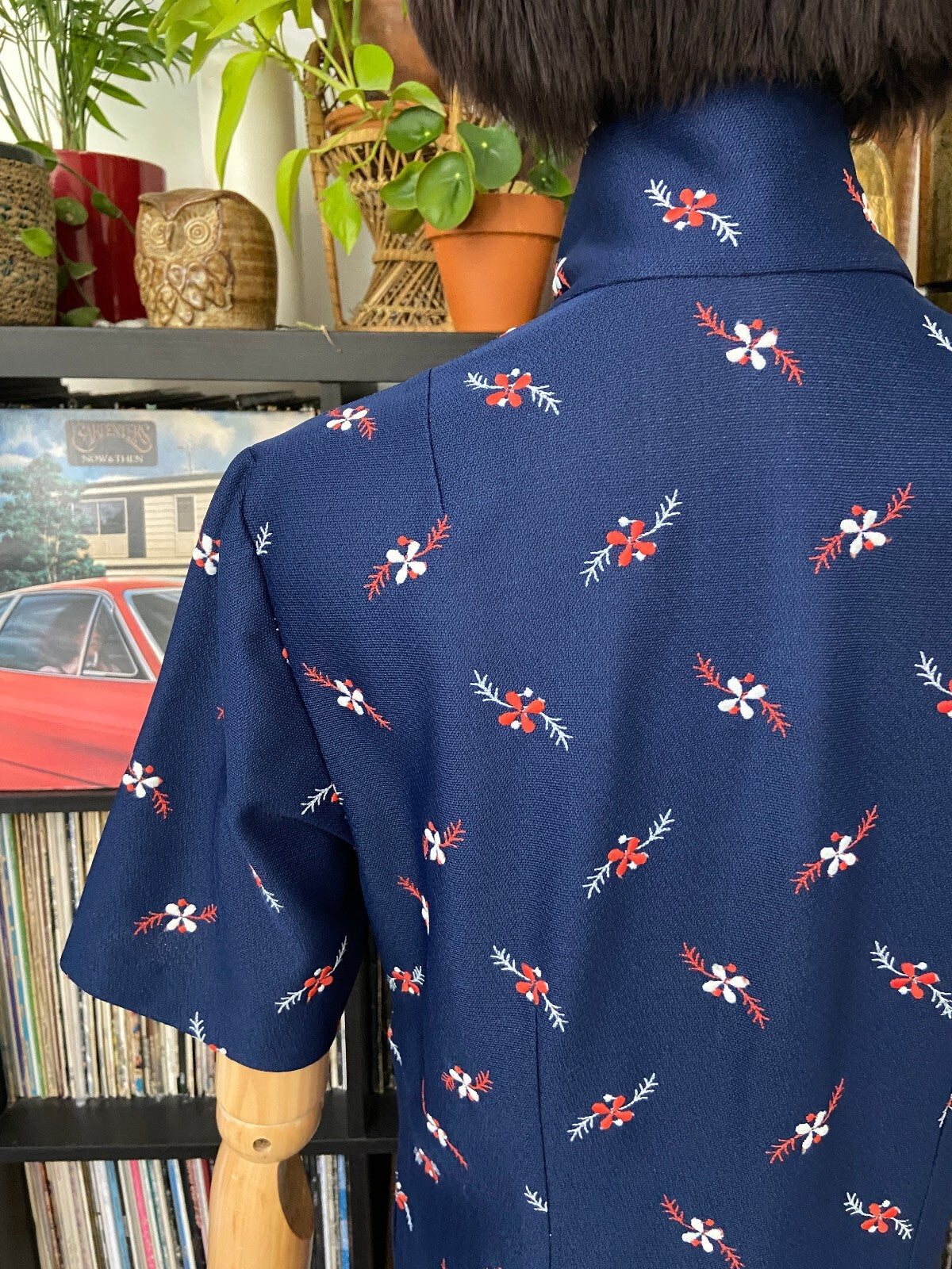 Vintage 1970s Navy Embroidered Pussybow Dress