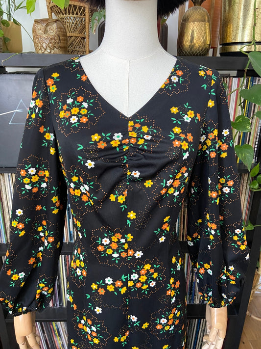 Vintage 1970s Black Floral Maxi Dress