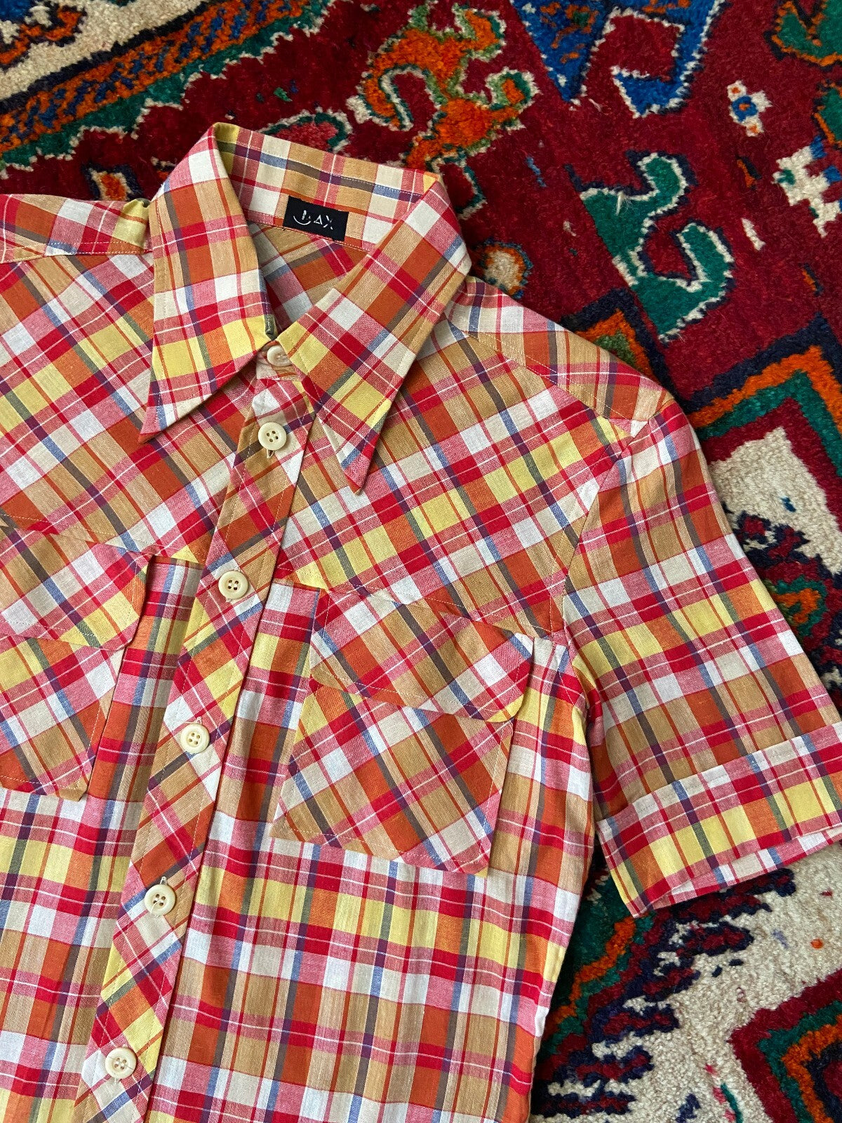 Vintage 1970s Deadstock Red & Yellow Dagger Collar Shirt