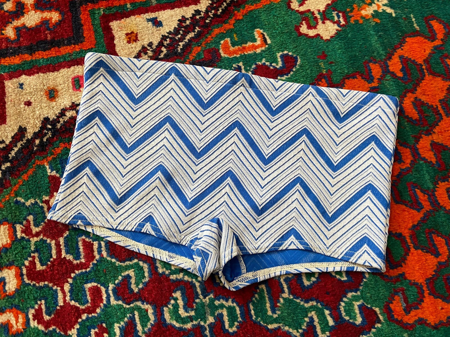 Vintage 1970s Blue White Zig Zag Swim Shorts