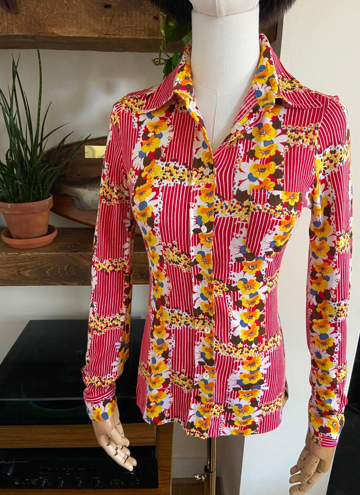 Vintage 1970s Red Striped & Yellow Floral Shirt
