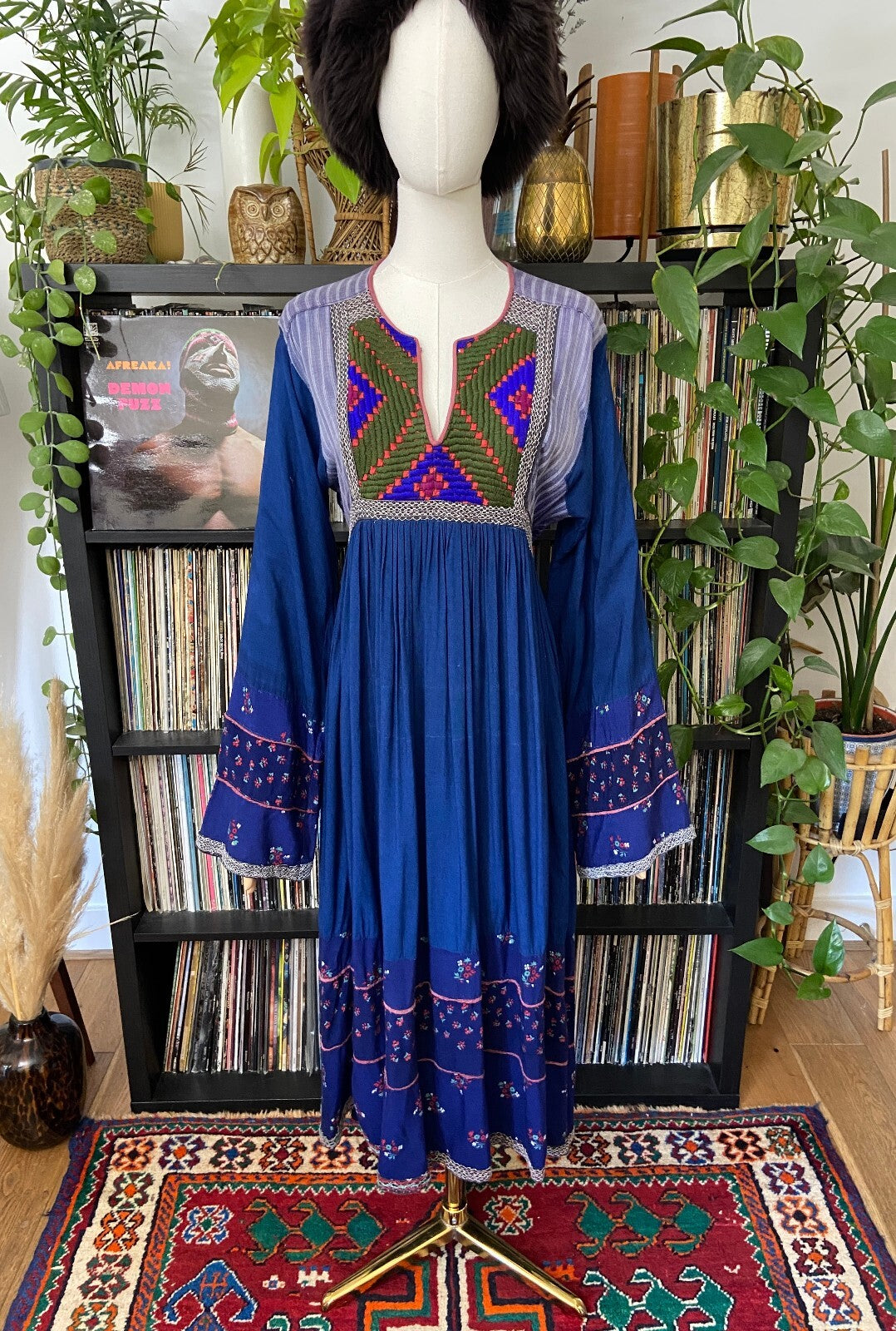 Vintage 1970s Blue & Green Bib Afghan Dress