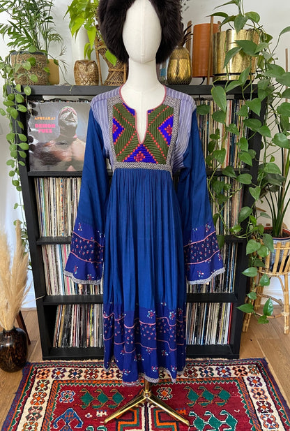 Vintage 1970s Blue & Green Bib Afghan Dress