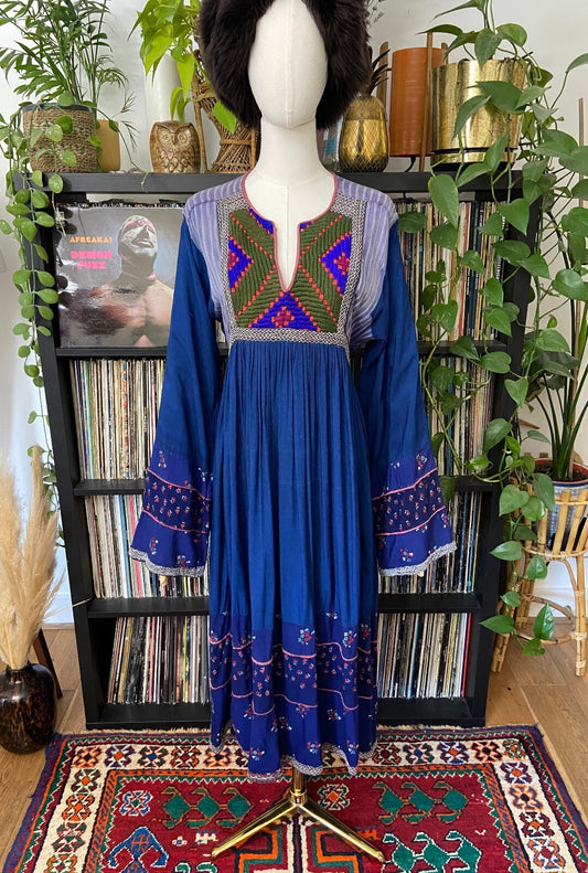 Vintage 1970s Blue & Green Bib Afghan Dress