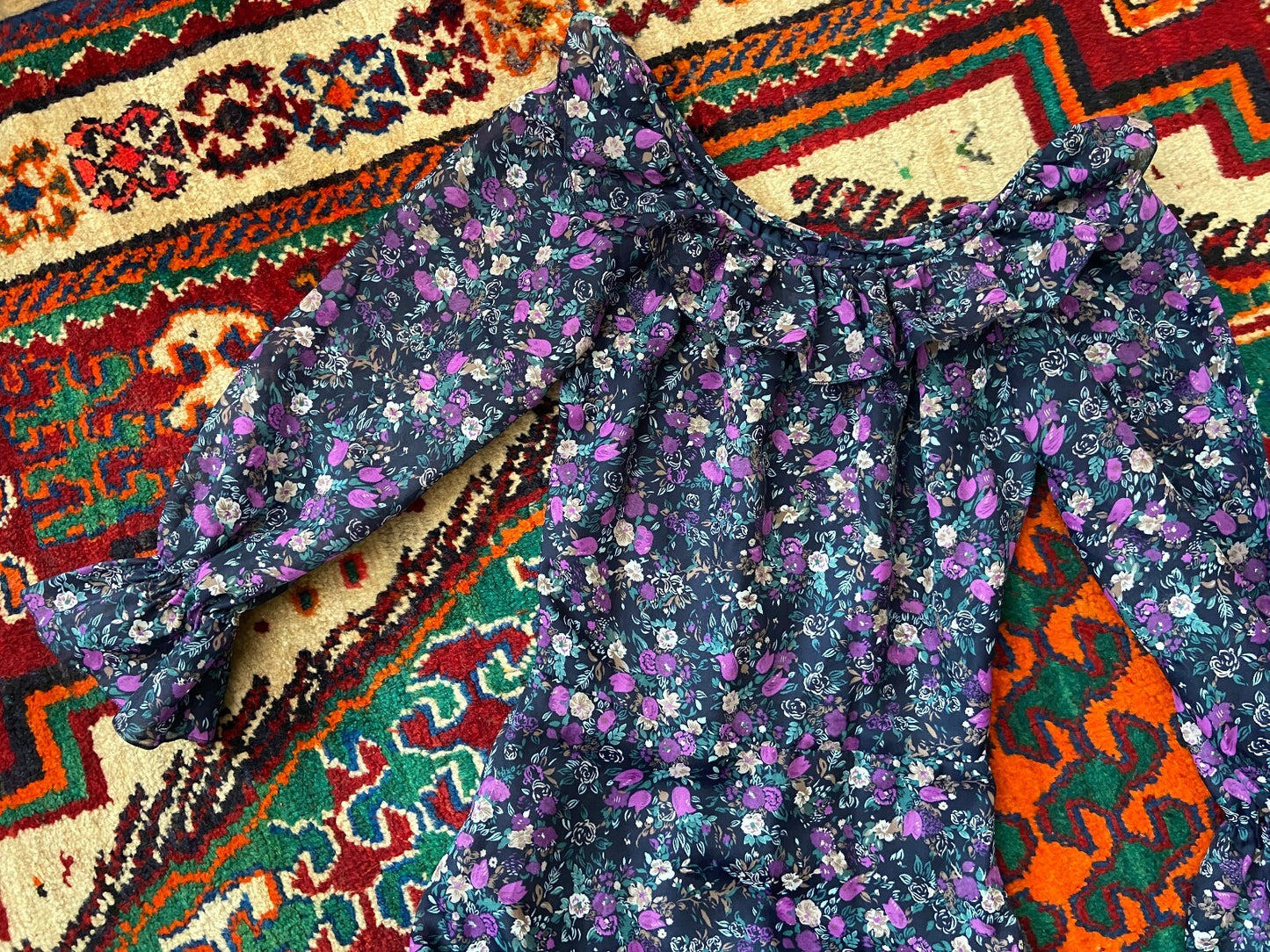 Vintage 1970s Navy & Purple Floral Prairie Dress