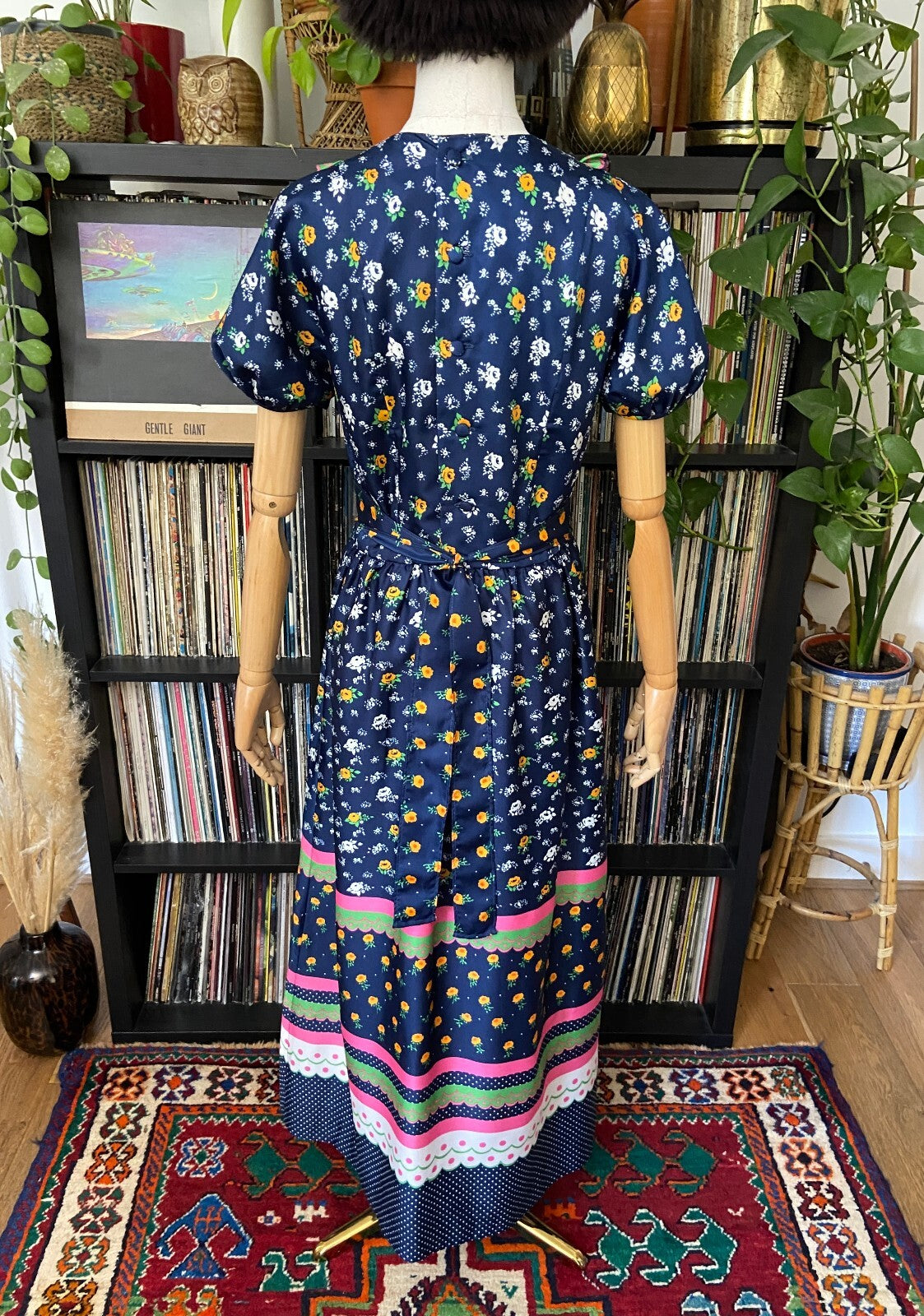 Vintage 1970s Navy Folk Maxi Dress