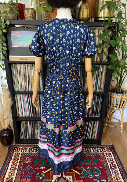Vintage 1970s Navy Folk Maxi Dress