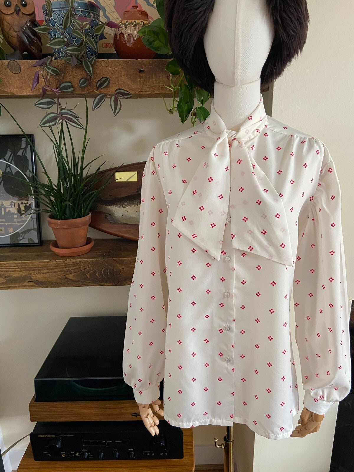 Vintage 1970s Cream & Red Pussybow Blouse