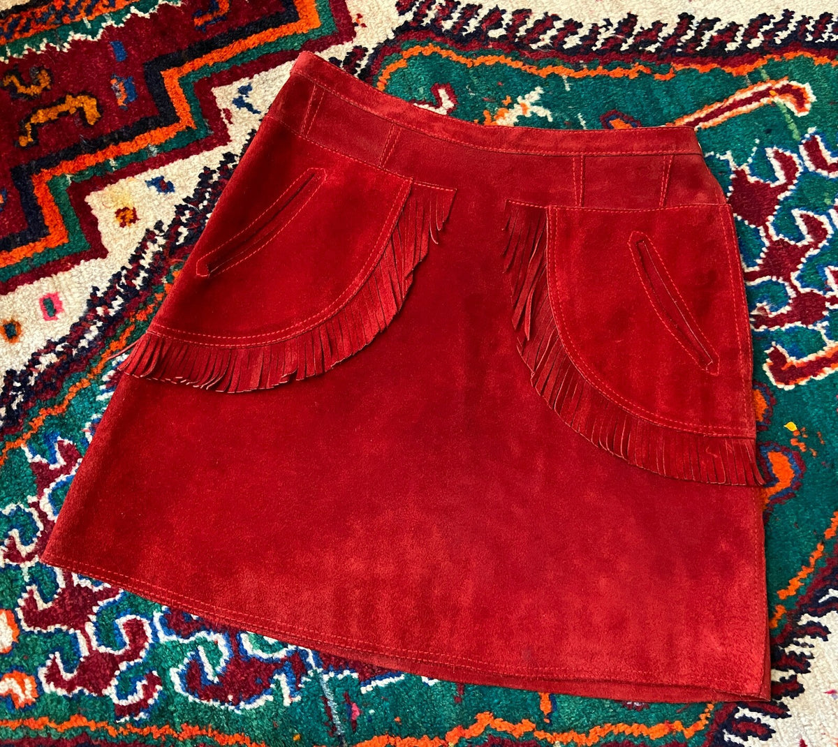 Vintage 1970s Red Suede Fringed Mini Skirt
