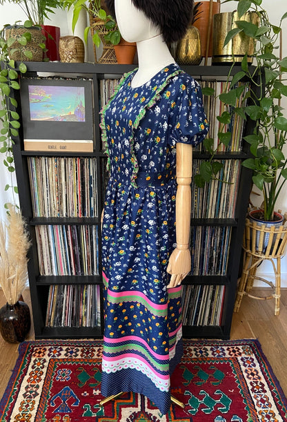 Vintage 1970s Navy Folk Maxi Dress