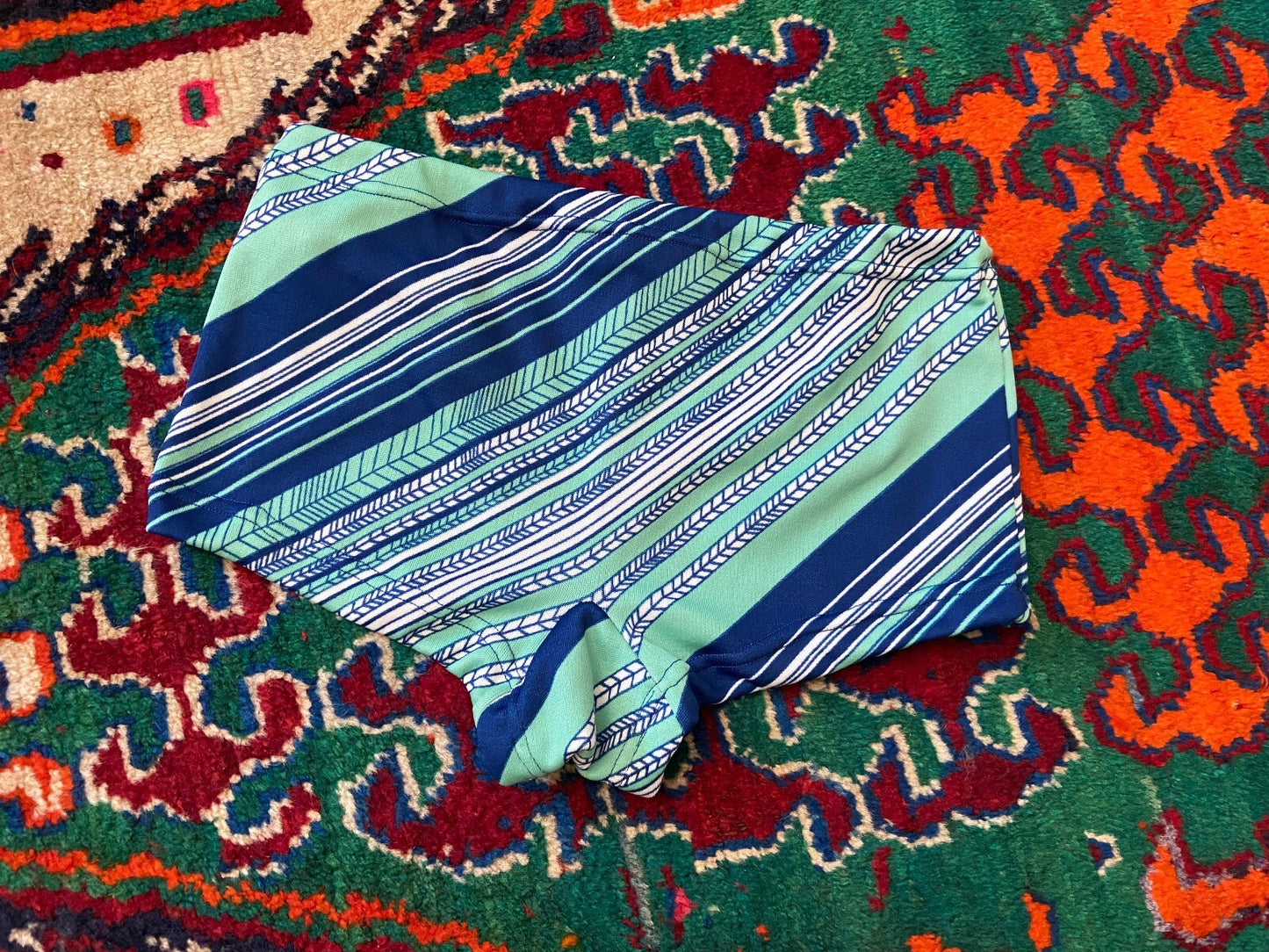 Vintage 1970s Pale Green & Navy Print Swim Shorts